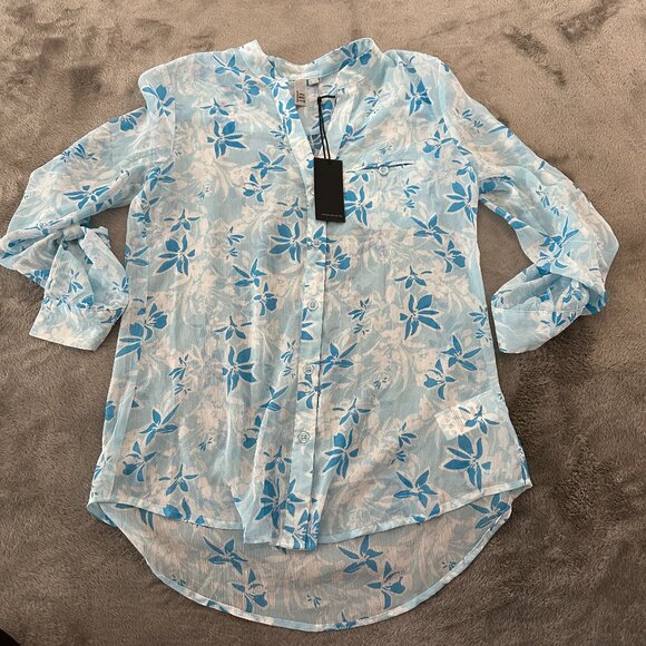 NWT Kut From The Kloth Sheer Blue Floral Blouse Women's XS - Picture 1 of 6